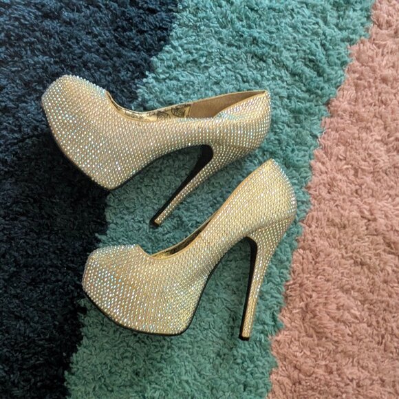 Stunning Gold Rhinestone Platform Heels Women size 8 - Picture 1 of 4